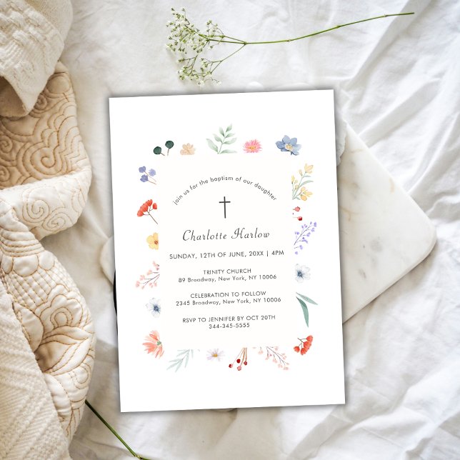 Invitation Boho Fleur sauvage Floral Frame Cross Baptême (Boho Wildflower Floral Frame Cross Baptism Invitation)