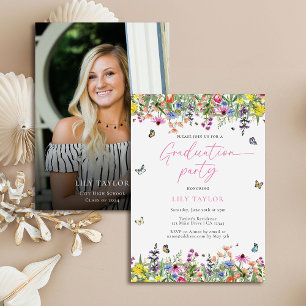 Invitation Boho Fleur sauvage Floral Photo Graduation Party