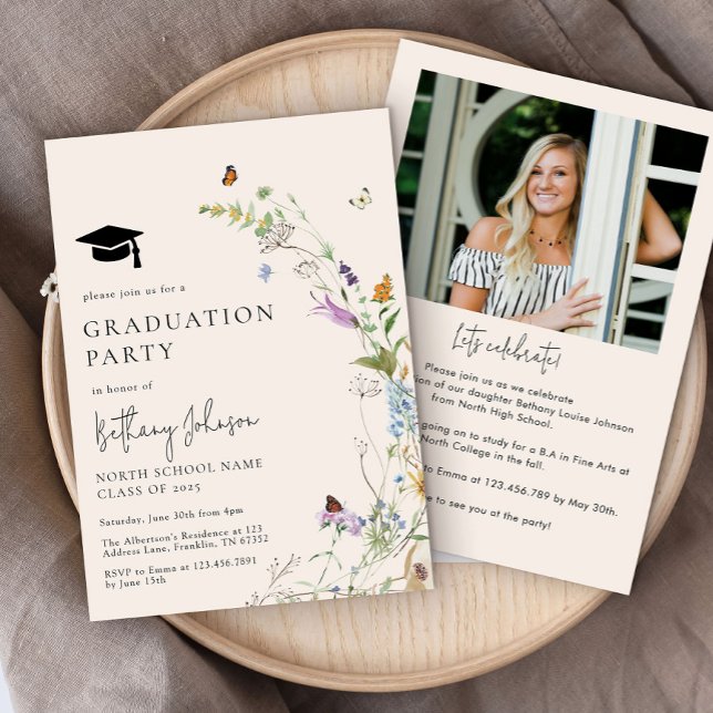 Invitation Boho Fleur sauvage Floral Photo Graduation Party (Créateur téléchargé)