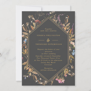 Invitation Boho Fleur sauvage Grey & Gold Geo Frame Mariage