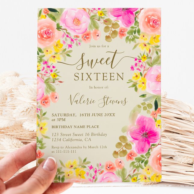 Invitation Boho fleur sauvage jardin aquarelle Sweet 16 (Boho wild flowers garden watercolor Sweet 16 Invitation on light green)