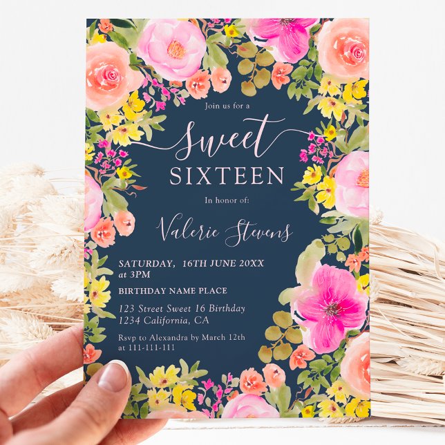 Invitation Boho fleur sauvage jardin aquarelle Sweet 16 bleu (Boho wild flowers garden watercolor Sweet 16 Invitation on navy blue)