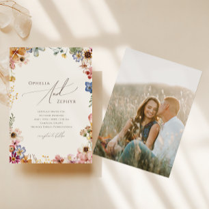 Invitation Boho Fleur sauvage Jardin Beige Photo Mariage Déco