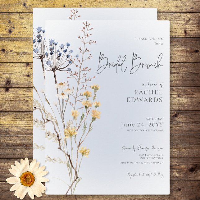 Invitation Boho Fleur sauvage Moderne Bleu Bridal Brunch (Boho Wildflower Modern Blue Bridal Brunch Invitation)