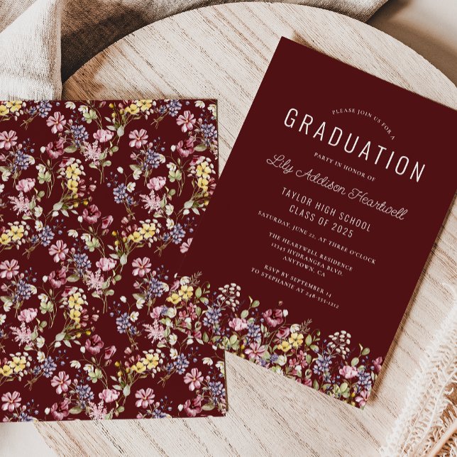 Invitation Boho Fleur sauvage Motif Burgundy Graduation Party (Créateur téléchargé)