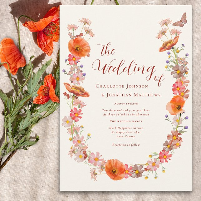 Invitation Boho Fleur sauvage Papillon Earthy Tones (Boho wildflower butterfly wedding invitation in orange brown and peach watercolor florals)