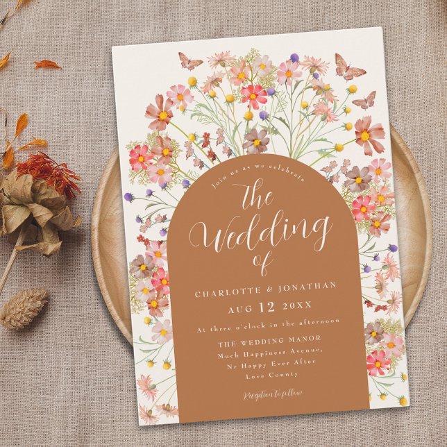 Invitation Boho Fleur sauvage papillon Mariage (Boho fall wildflower butterfly terracotta arch wedding invitation with elegant modern script )