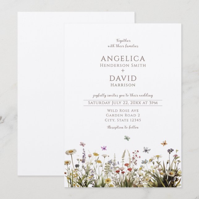 Invitation Boho Fleur sauvage papillons Mariage (Devant / Derrière)