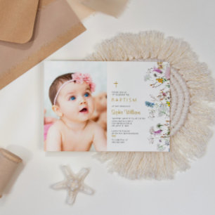 Invitation Boho Fleur sauvage Photo Girl Baptême