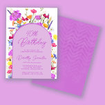 Invitation Boho Fleur sauvage pourpre 40e fête d'anniversaire<br><div class="desc">Une arche violette de Boho entoure vos détails de fête du 40e anniversaire. Des fleurs sauvages colorés apportent une touche florale violet, jaune orangé et rouge. Le script moderne aussi en violet ajoute une ambiance tendance qui est aussi féminine. Le dos est violet profond avec un subtil motif de chevron...</div>