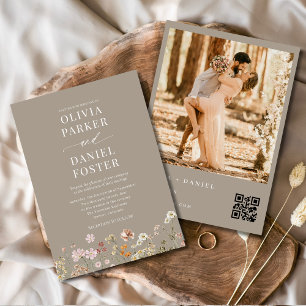 Invitation Boho Fleur sauvage QR Code Photo Taupe Mariage