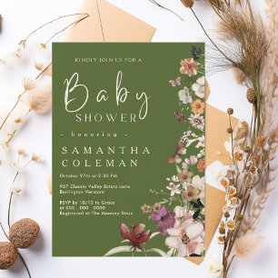 Invitation Boho Fleur sauvage Rustic Moss Baby shower vert
