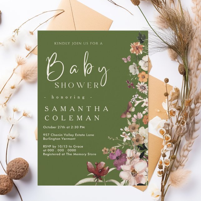 Invitation Boho Fleur sauvage Rustic Moss Baby shower vert (Créateur téléchargé)