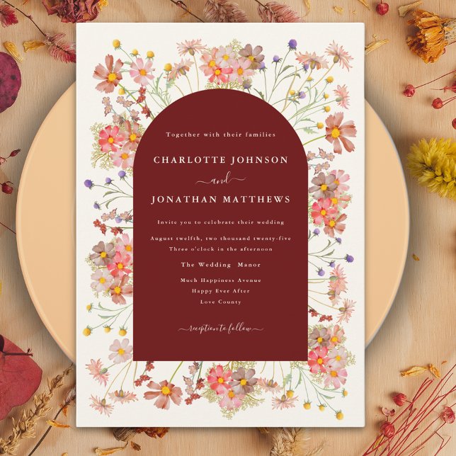 Invitation Boho Fleur sauvage Terracotta Arch Mariage de auto (Terracotta burnt orange coral boho wildflower fall wedding invitation )