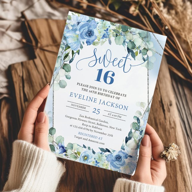 Invitation Boho fleurs bleu clair eucalyptus argent doux 16 (elegant watercolor blue flowers sage eucalyptus silver frame sweet 16 invitation)