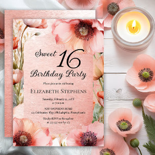 Invitation Boho Fleurs de Pavot Roses Fête d'anniversaire Swe