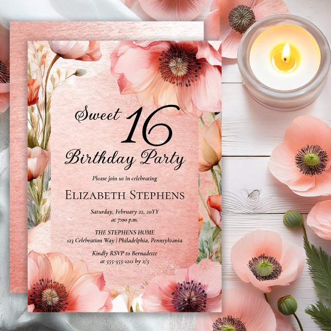 Invitation Boho Fleurs de Pavot Roses Fête d'anniversaire Swe (Elegant Pink Poppies Floral Sweet 16 Birthday Party Invitation - Print | Digital Download)