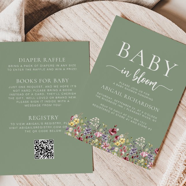 Invitation Boho Fleurs des Champs Vert Sauge Code QR Baby Sho (Créateur téléchargé)