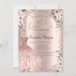 Invitation Boho Fleurs Diamants Robe Quinceanera