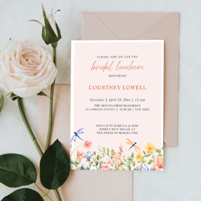 Invitation Boho Fleurs douces et libellules Déjeuner nuptial (Créateur téléchargé)