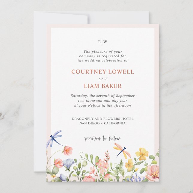 Invitation BOHO Fleurs douces et libellules Mariage de jardin (Devant)