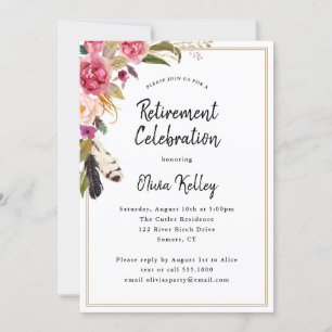 Invitation Boho Fleurs et plumes Parti de retraite rustique