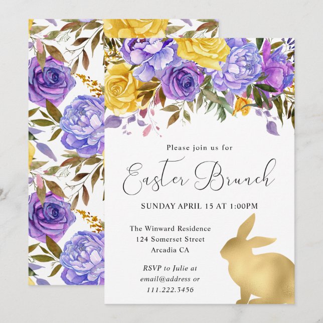 Invitation Boho Fleurs Printanières et Lapins Dorés Brunch de (Devant / Derrière)