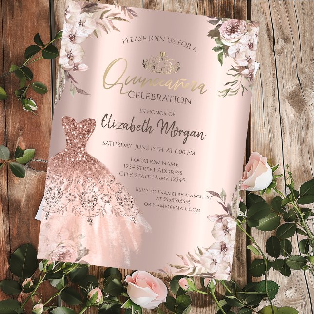 Invitation Boho Fleurs Robe Rose Or Quinceanera (Créateur téléchargé)