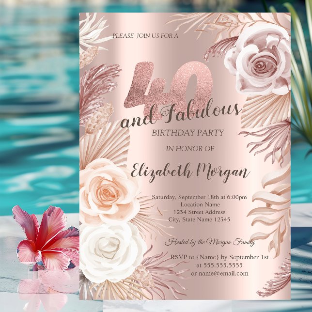 Invitation Boho Fleurs Rose Gold 40e Anniversaire (Créateur téléchargé)