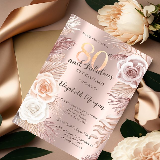 Invitation Boho Fleurs Rose Gold 80e Anniversaire (Créateur téléchargé)