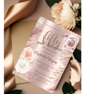 Invitation Boho Fleurs Rose Gold Fête d'anniversaire 50 ans