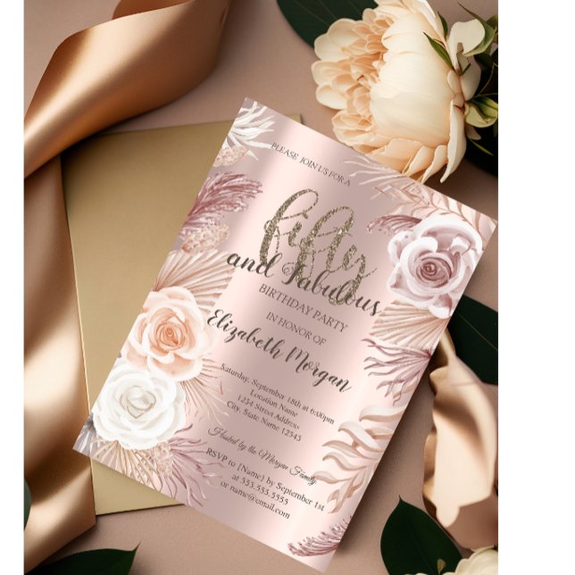 Invitation Boho Fleurs Rose Gold Fête d'anniversaire 50 ans (Créateur téléchargé)