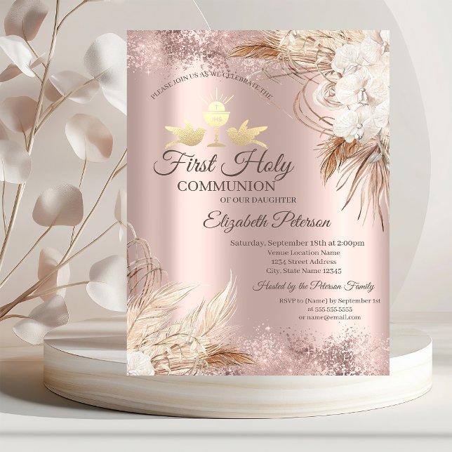 Invitation Boho Fleurs Rose Gold Première Sainte Communion   (Créateur téléchargé)