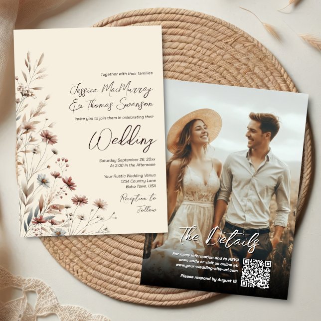 Invitation Boho Fleurs Sauvages & Code QR Moderne pour Mariag (Front/Back)