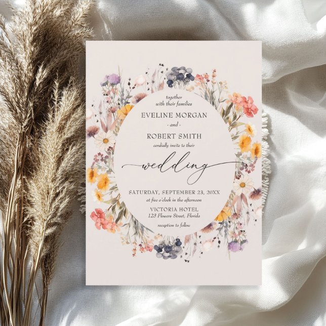 Invitation Boho fleurs sauvages d'aquarelle couronne (Boho watercolor wildflowers wreath earthy invitation)