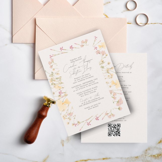 Invitation Boho Fleurs sauvages Frame Ivory RSVP QR Code Mari (Créateur téléchargé)