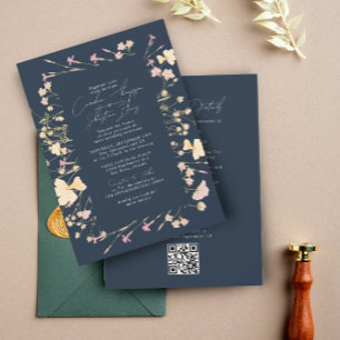Invitation Boho Fleurs sauvages Frame Navy RSVP QR Code Maria