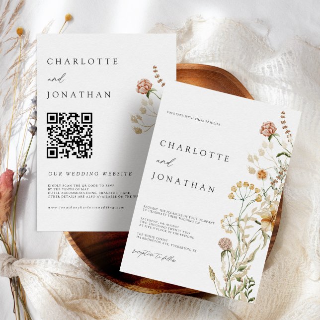 Invitation Boho Fleurs sauvages minimum QR Code Mariage (Créateur téléchargé)