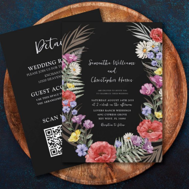 Invitation Boho Fleurs sauvages Noir Tout en un Mariage (Créateur téléchargé)