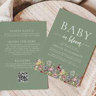 Invitation Boho Fleurs sauvages Sage Green QR Code Baby showe
