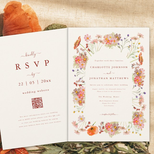 Invitation Boho Fleurs Sauvages Séchées Mariage d'Automne (Boho wildflower fall wedding invitation with qr code)