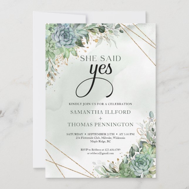 Invitation Boho fleurs succulentes eucalyotus elle a dit oui (Devant)