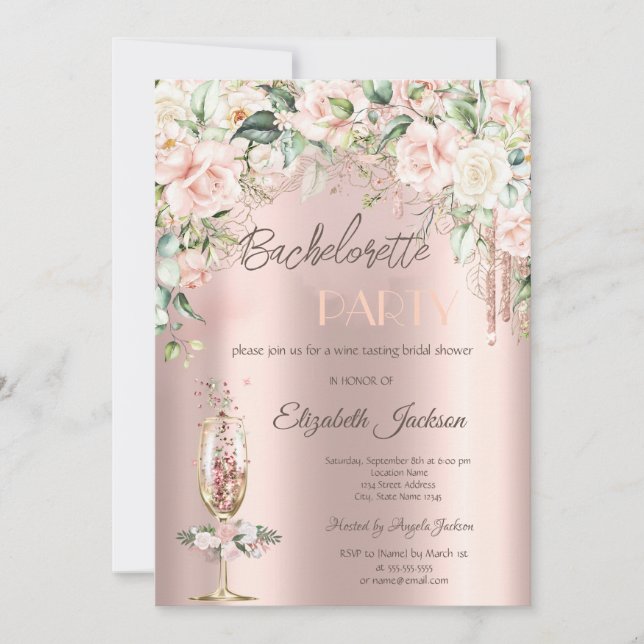 Invitation Boho Fleurs Verre à Champagne Enterrement de Vie d (Devant)