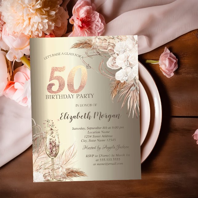 Invitation Boho Fleurs,Verre à Champagne Or 50ème (Créateur téléchargé)