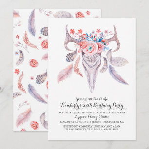 Invitation Boho Floral Aquarelle Crâne fête d'anniversaire