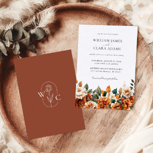 Invitation Boho Floral Aquarelle Terracotta Monogram Mariage