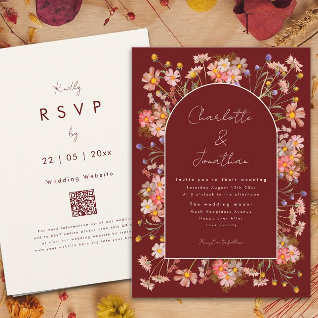 Invitation Boho floral Arch Terracotta Mariage de automne (Wildflower arch boho script burgundy terracotta fall wedding invitation with qr code)