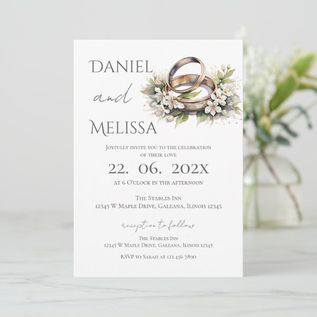 Invitation Boho Floral avec alliance de Mariage  (Debout devant)