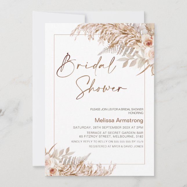 Invitation Boho Floral avec Fête des mariées de cadre Pampas (Devant)