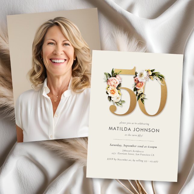 Invitation Boho Floral avec photo 50e anniversaire (Boho Floral with Photo 50th Birthday Invitation)
